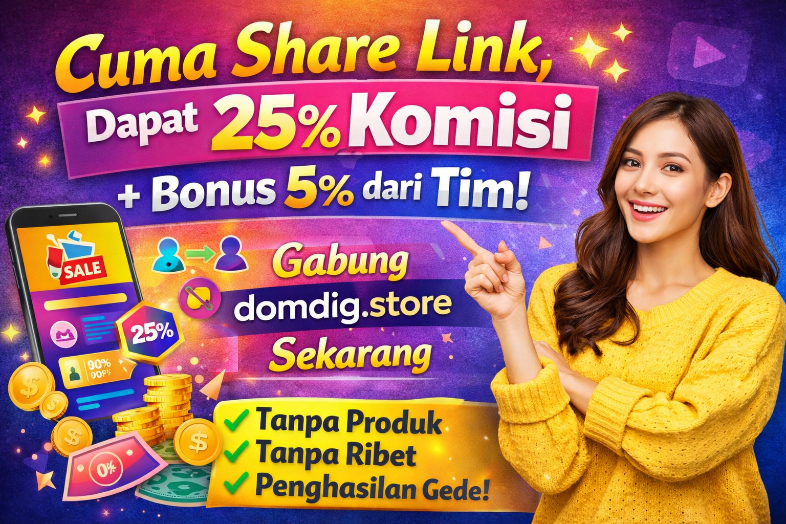 Cuma Share Link, Dapat 25% Komisi + Bonus 5% dari Tim! Mau?