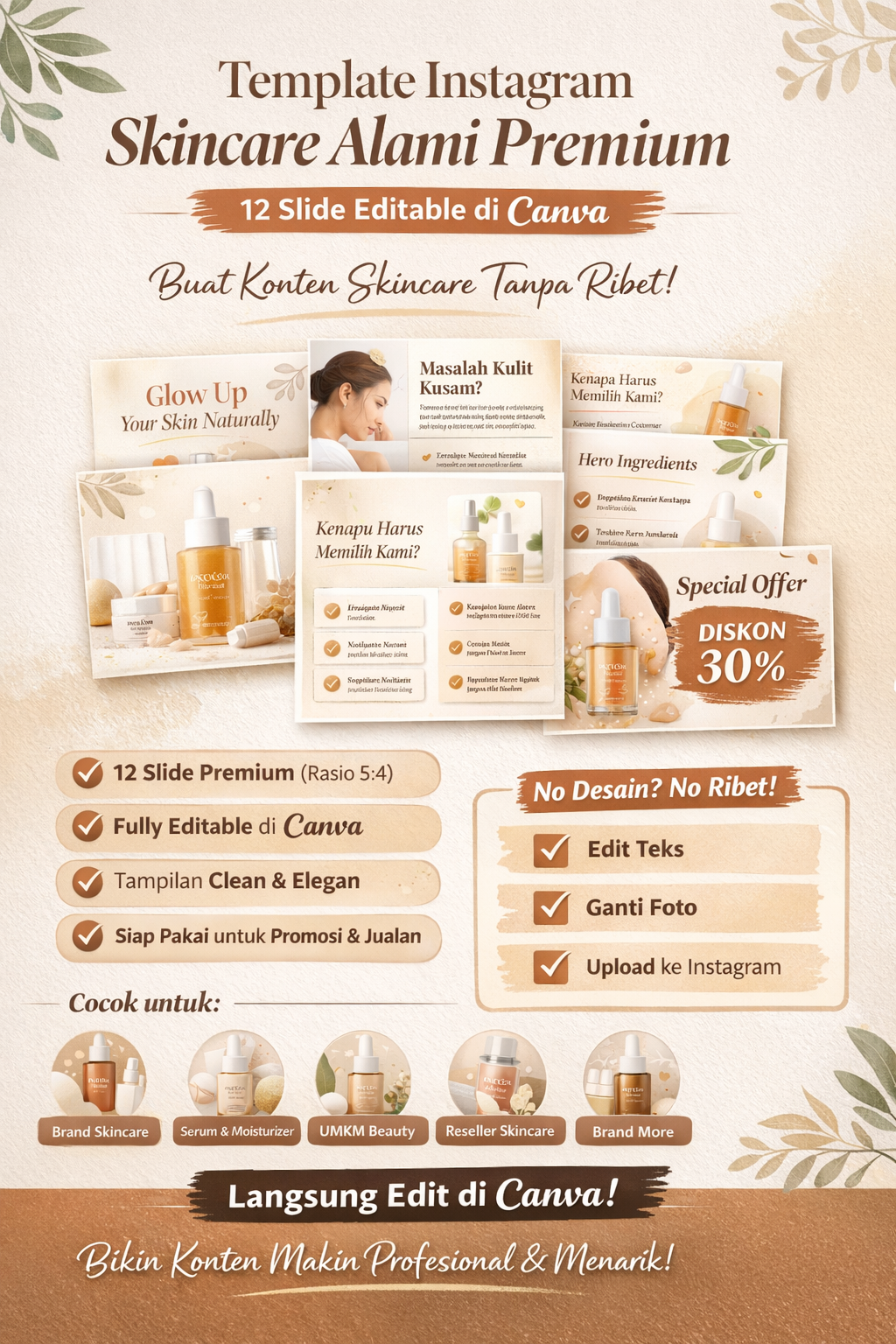 Template Canva Instagram Feed, untuk Promosi Skincare Alami Premium (12 Slides Editable Canva)