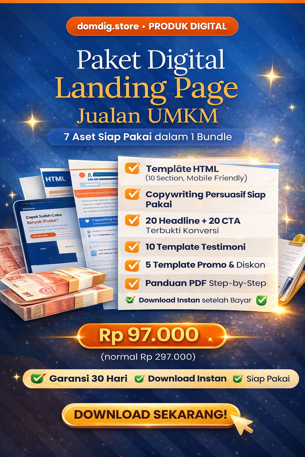 Paket Digital Landing Page UMKM: template HTML + copywriting + 20 headline + 20 CTA + panduan lengkap