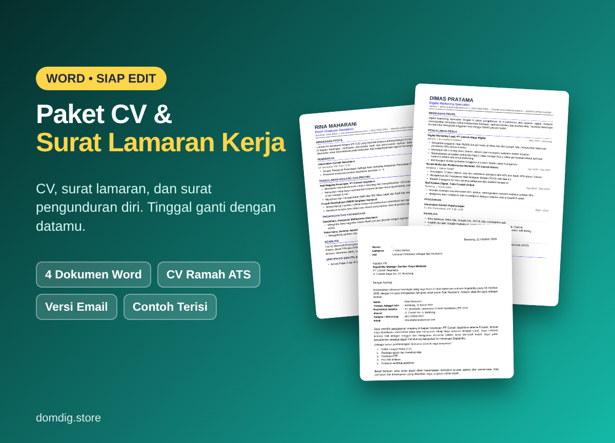 Paket CV & Surat Lamaran Kerja (Word): 2 Contoh CV Ramah ATS, Surat Lamaran, dan Surat Pengunduran Diri